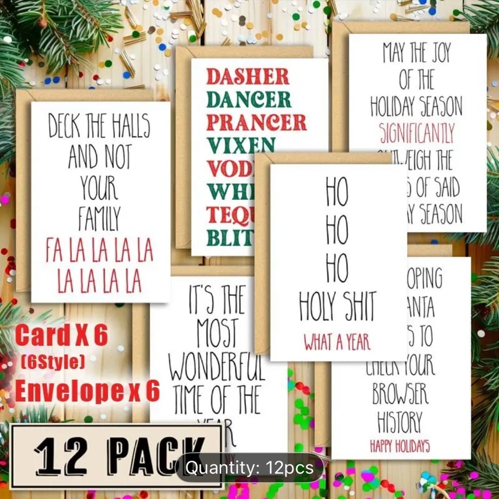 Funny Adult Christmas Card Set - 6 Styles